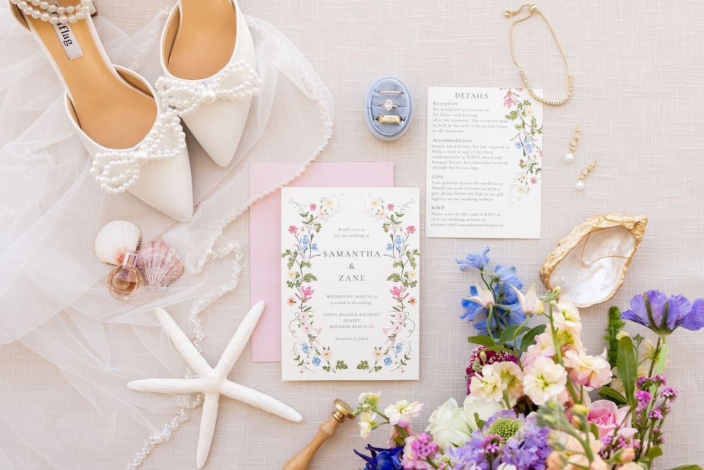 Bright floral beachside wedding accessories and invitation for wedding in Destin, Florida | Madison Abernathy Photography