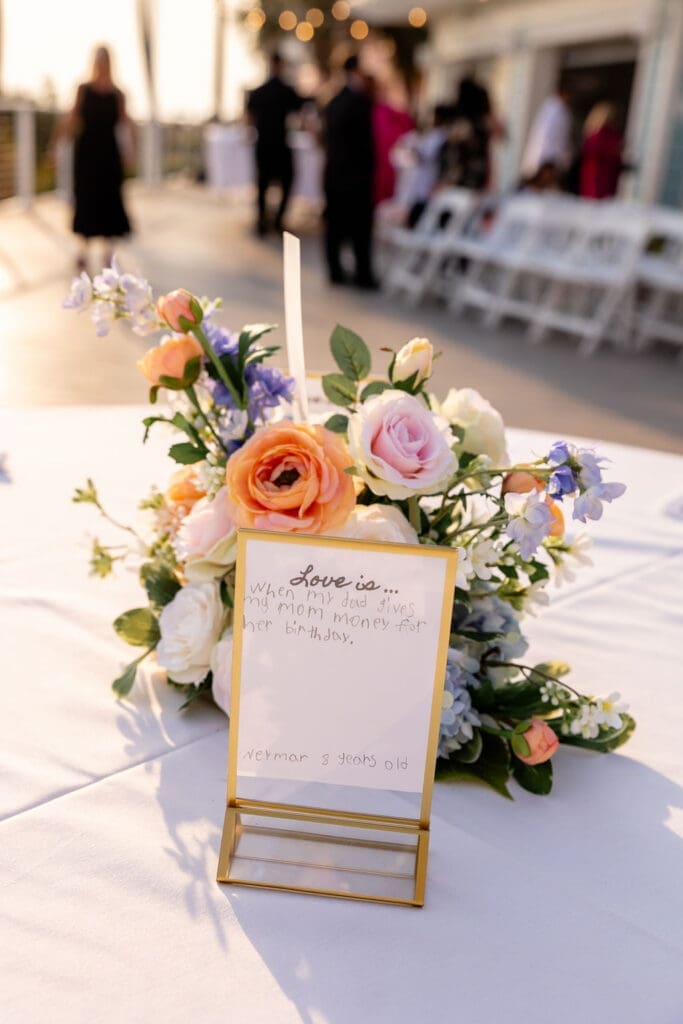 "Love is" signs that guests fill out at beachside wedding | Madison Abernathy Photography